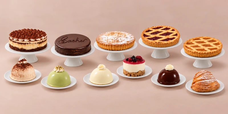 Dolci Monteleone cakes, fruit tarts and individual desserts on white stands and plates